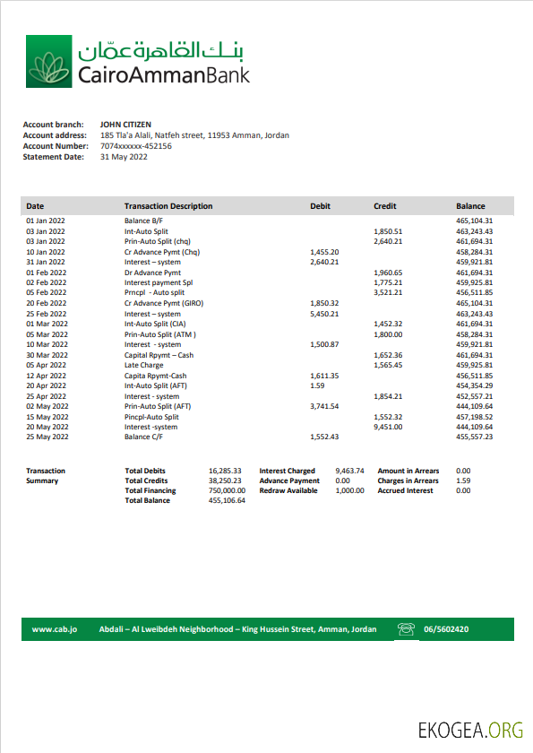 Modèle de relevé bancaire Jordan Cairo Amman au format Word et PDF